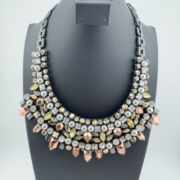 Vintage Stella & Dot Statement Bib Necklace Rhinestone Pearl Glam Bold Chunky - Picture 4 of 10